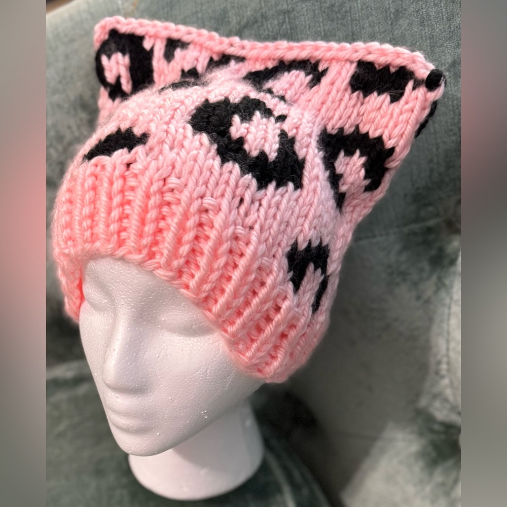 Handmade Hand Crafted Knit Leopard Print Cat Hat Pink and Black - Picture 7 of 11